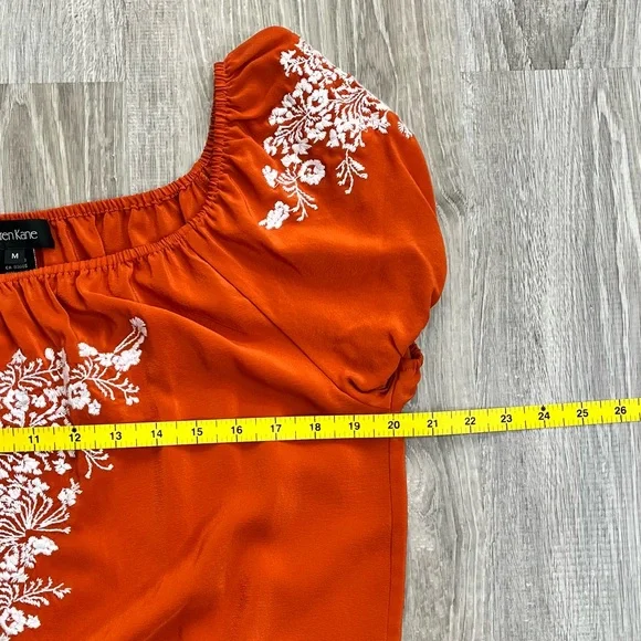 Karen Kane Medium Orange White Floral Embroidered 100% Silk Peasant Top Blouse - Picture 7 of 8